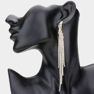 Pave Fringe Gold Crystal Dangle Earrings Tassel Waterfall Evening Accessory